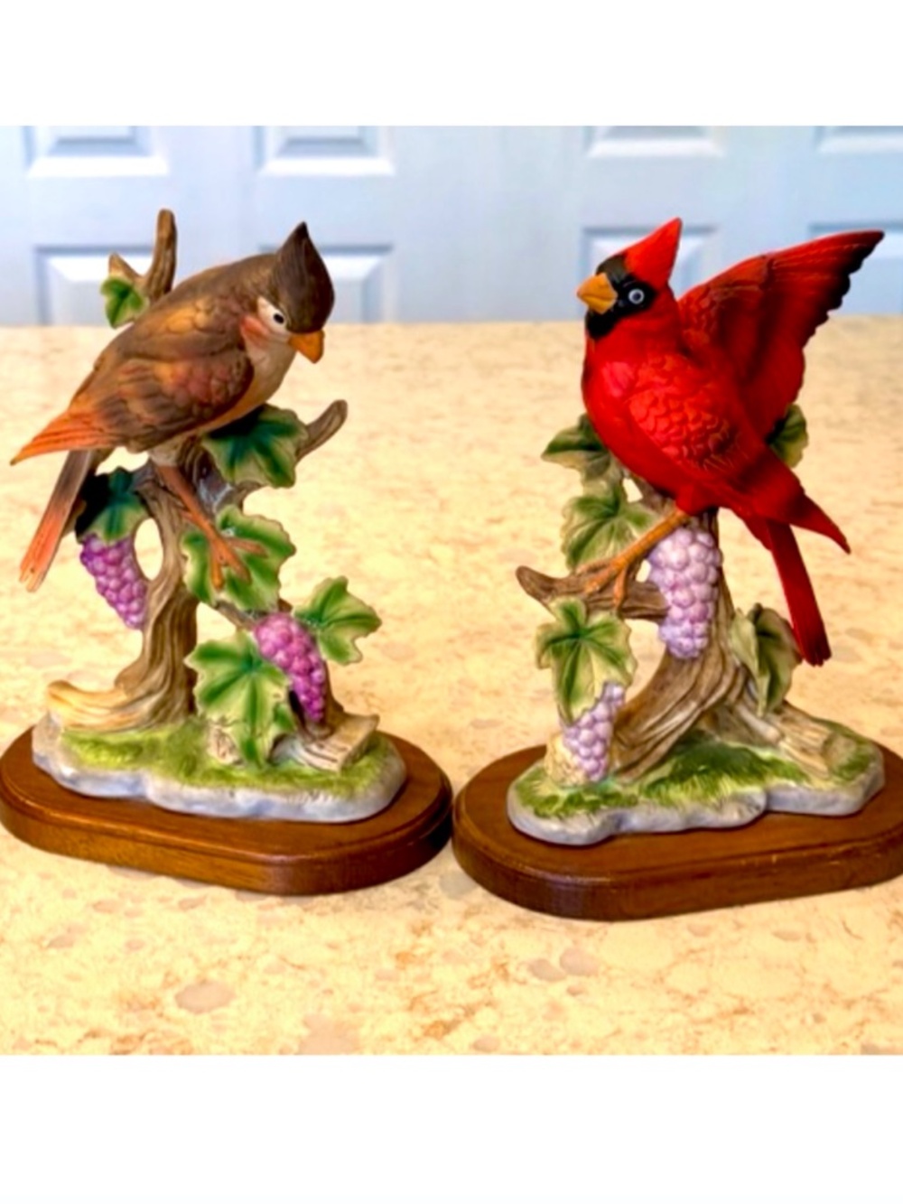 Vintage Pair of Porcelain Male & Female Cardinals on Grapevines by D. Grossman